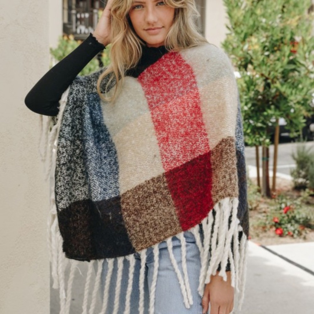 Boho Cozy Colorblock Poncho Sweater One Size - Picture 5 of 5